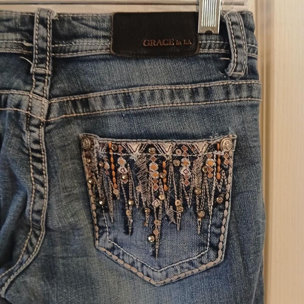 Y2K style Grace in LA low-rise skinny jeans 25 mcbling embroidered pockets indie